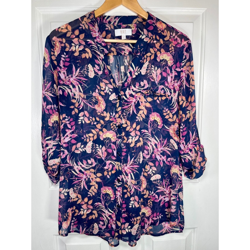 Kut from the Kloth Blouse Women‎ XL Navy Floral Sheer Roll Tab Sleeve V Neck - Picture 3 of 9